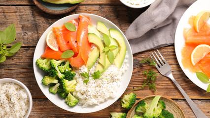 rice, broccoli, avocado and smoked salmon