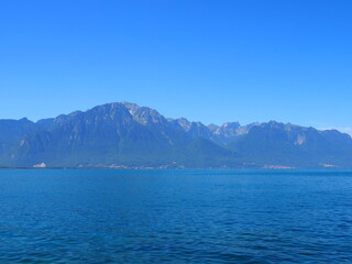 Marvelous landscapes of Lake Geneva in european Montreux city in canton Vaud in Switzerland, clear blue sky in 2017 warm sunny summer day on July.