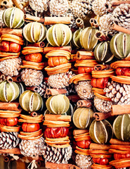 Dried fruit Christmas wreaths ( aka Christmas garlands ) on sale at Bath Christmas market.