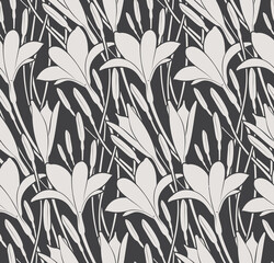 Floral seamless pattern with lilies flowers on dark background. Vector illustration for print or textile.