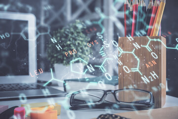 Formulas drawing with glasses on the table background. Concept of science. Double exposure.