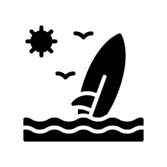 summer holiday related surfboard with sun, birds and water waves vector in solid design,