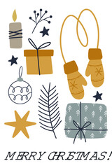 Scandinavian style christmas card. Winter illustration for card, poster, invitation, postcard, gift tag. Flat style christmas card. Cozy winter hand drawn design element. Cute and simple illustration.