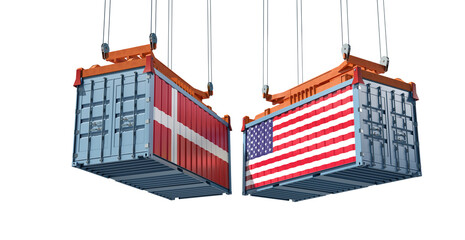 Freight containers with Denmark and USA flag. 3D Rendering 