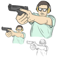 half length of male shooter holding gun and training tactical shooting with safety vector illustration sketch doodle hand drawn with black lines isolated on white background