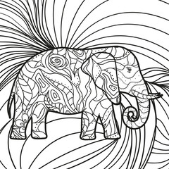 Square pattern with abstract elephant. Hand drawn animal with ornate patterns. Design for spiritual relaxation for adults. Black and white illustration
