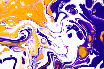 Fluid art texture. Abstract backdrop with swirling paint effect. Liquid acrylic artwork with flows and splashes. Mixed paints for baner or wallpaper. Purple, white and golden overflowing colors