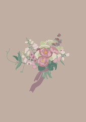 Boho style wedding bridal bouquet. Florist flowers. Gardening, summer botany. Romantic illustration. Foxglove, peonies and roses.