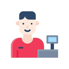 supper market or online shopping related seller boy with bill machine vector in flat style,