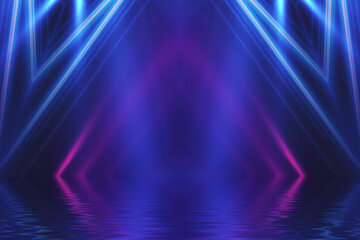 Abstract dark futuristic background. Neon rays of light are reflected from the water. Background of empty stage show, beach party. 3d illustration