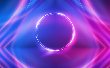 Empty dark abstract background. Show empty scene background. Glow of neon lights and neon figures on an empty concert stage. Reflection of light on the asphalt. 3d illustration