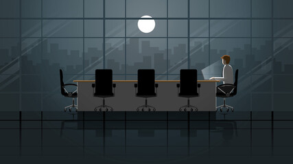 Employee working on laptop in office meeting room. Alone in the dark and light from full moon. Lonely people in the city. Lifestyle of work hard overtime and overwork. Idea illustration concept scene.