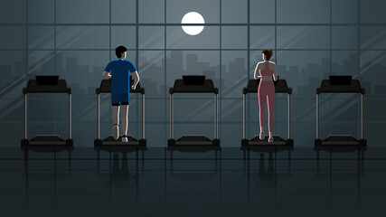 Back view of city lifestyle. Love at first sight between man and woman running on treadmill in empty fitness center at night in the dark and full moon light. Idea illustration romantic scene concept.