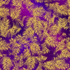 Gold glitter and purple tropical seamless pattern. High quality illustration. Real glitter texture in the shape of tropical palm tree leaves overlayed on a purple blurry background. Seamless design.