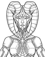 Cyber character close-up, queen extraterrestrial civilization, girl warrior with beautiful face, alien with pointed ears, in helmet with twisted striped horns and mechanical armor, no background.