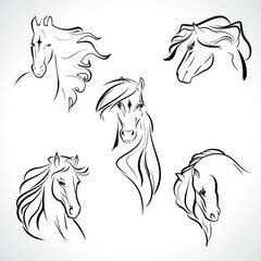 Vector Horse Head Logo, set sign symbol icon Horse, sketch tattoo illustration, wallpaper background.
