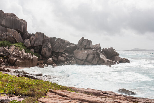 Stormy weather at the south coast of La Digue island, Seychelles