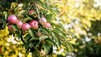 Apple branch with fruits close up illuminated by sun rays. Scenic rural landscape. Cultivation of fruit. Gardening.