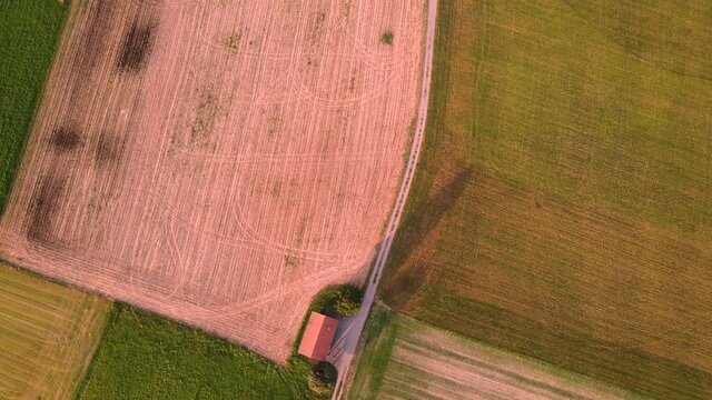 Green and brwon farm land. Drone view. Copy space