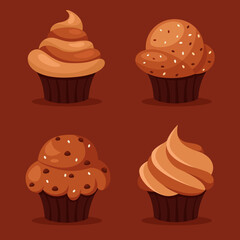 Chocolate cupcakes. Chocolate muffins. Pastries, chocolate glaze. Vector illustration in a flat style.