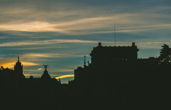 Plaza de Cibeles - Skyline of Madrid at Sunset