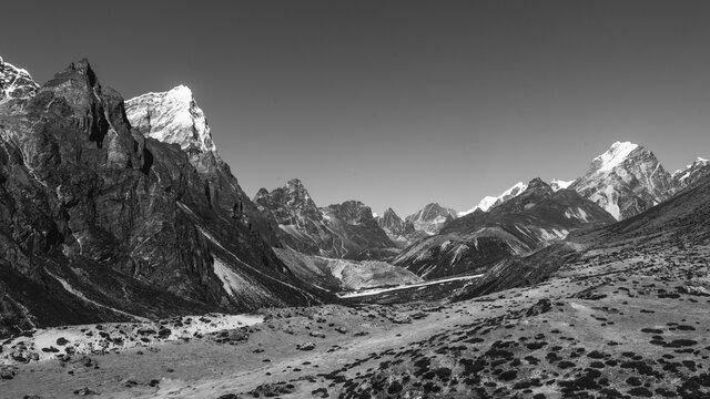 snow covered mountains in winter, Solokhumbu region, Dingboche landssnow covered mountains in winter, Solokhumbu region, Dingboche landscape in Nepal, Everest Basecape in Nepal, Everest Base Camp trek