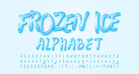 Frozen ice alphabet. Cartoon handwritten font for flyers, posters, banners of winter theme. Vector illustration