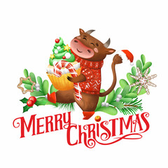 Raster Christmas illustration. Symbol of the year 2021. Cartoon bulls. New year's animals. Funny bulls in Christmas sweaters with gifts. Christmas card. Holiday compositions. Decorative element.