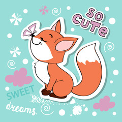Cute fox with butterfly on blue background