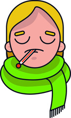 Sick woman with thermometer closeup measuring temperature isolated vector illustration on white background