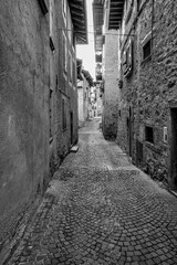 Detail of the old houses facades and alleys in Bagolino, a small town in the Lombardy Region (province of Brescia), famous for its Bagoss cheese made with goat's milk. Black and white.
