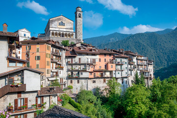 Fototapeta na wymiar Summer panorama of Bagolino, a small town in the Lombardy Region (province of Brescia), famous for its Bagoss cheese, made with goat's milk. Color image.