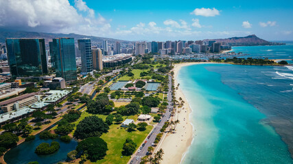 Aerial Ala Moana Beach Park is a free public park on the island of Oahu, U.S. state of Hawaii,...