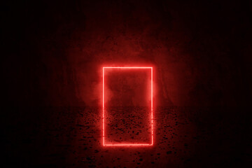 3d rendering of red lighten square shape over reflective grunge floor