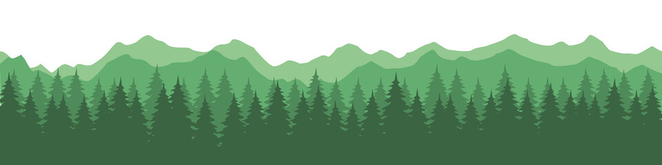 Fototapeta premium Silhouettes of mountains and pine forest. Beautiful landscape. Panorama of nature. Vector illustration 