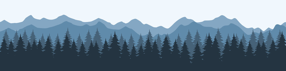 Silhouettes of mountains and pine forest. Beautiful landscape. Panorama of nature. Vector illustration
