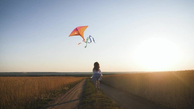 Pretty girl playing with kite in wheat field on summer day. Childhood, lifestyle concept.