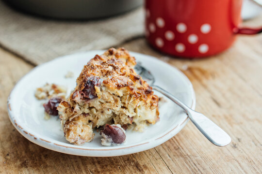 Food: Kirschenmichel, hessian bread pudding, with stale bread, milk,butter, eggs,lemon, almonds, cinnamon, sugar and cherries