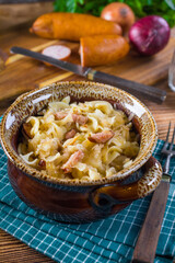 Pasta with sauerkraut and sausage.