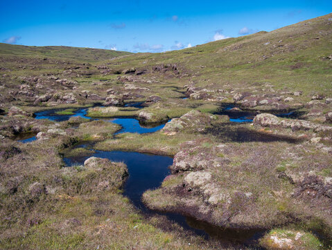 A wetland area forming peat near Hoo Field, Voe on Mainland, Shetland, UK