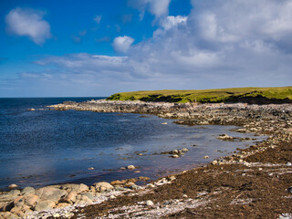 The pristine, deserted, rocky beach at Salt Wick on a calm day in summer - near Aywick on the east coast of the island of Yell in Shetland, UK.