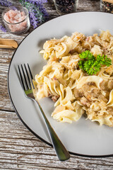 Pasta with sauerkraut and bacon.