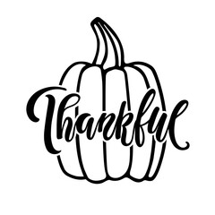 Thankful handwritten lettering wits hand drawing pumpkin sketch. Vector calligraphy Silhouette. Wall Art Print for Thanksgiving Day. Fall Sign. For card, print, invitation, t-shirt design, menu