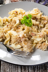 Pasta with sauerkraut and bacon.