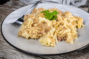 Pasta with sauerkraut and bacon.