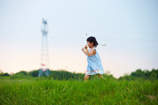 happy little girl running in summer field