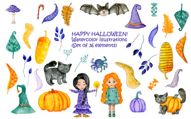 Halloween big set. Good young cartoon witches. Candy, black cat, bat, spider, pumpkins, magic wand, witch's hats and fantasy colorful leaves. Isolated on white. Hand drawn watercolor set