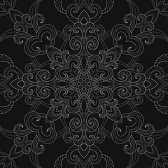 Vintage light mandala with striped small and middle elements on  black background. Seamless doodle abstract pattern. Suitable for wallpaper, packaging, textile.