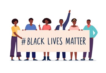 A group of African American people protests against racism. Tolerance and no racism concept. Protest banner about the Human Rights of Black People. BLM, Black lives matter. Vector flat illustration. 