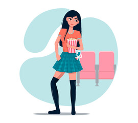 A girl in a movie theater with popcorn and stereo glasses. Young beautiful girl with long dark hair in a stylish plaid skirt on the background of movie chairs. Oriental girl. Flat isolated drawing for